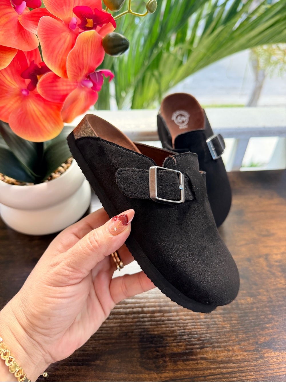 Classic Black Suede Slip-On Mule with Buckle
